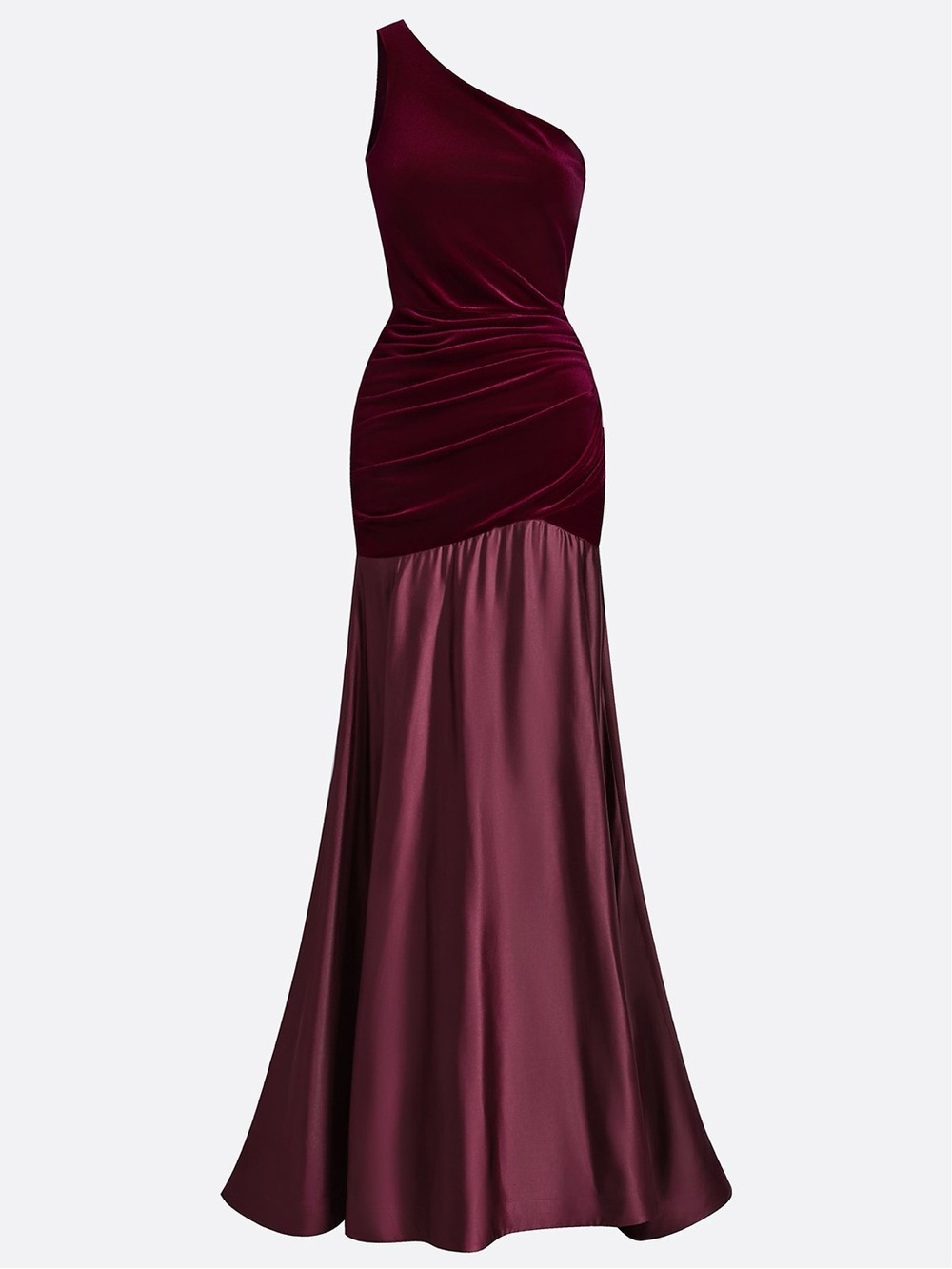 NWT Fehaute Burgundy Satin Ruched Velvet One Shoulder A-Line Gown Dress Size 4 - Picture 4 of 11